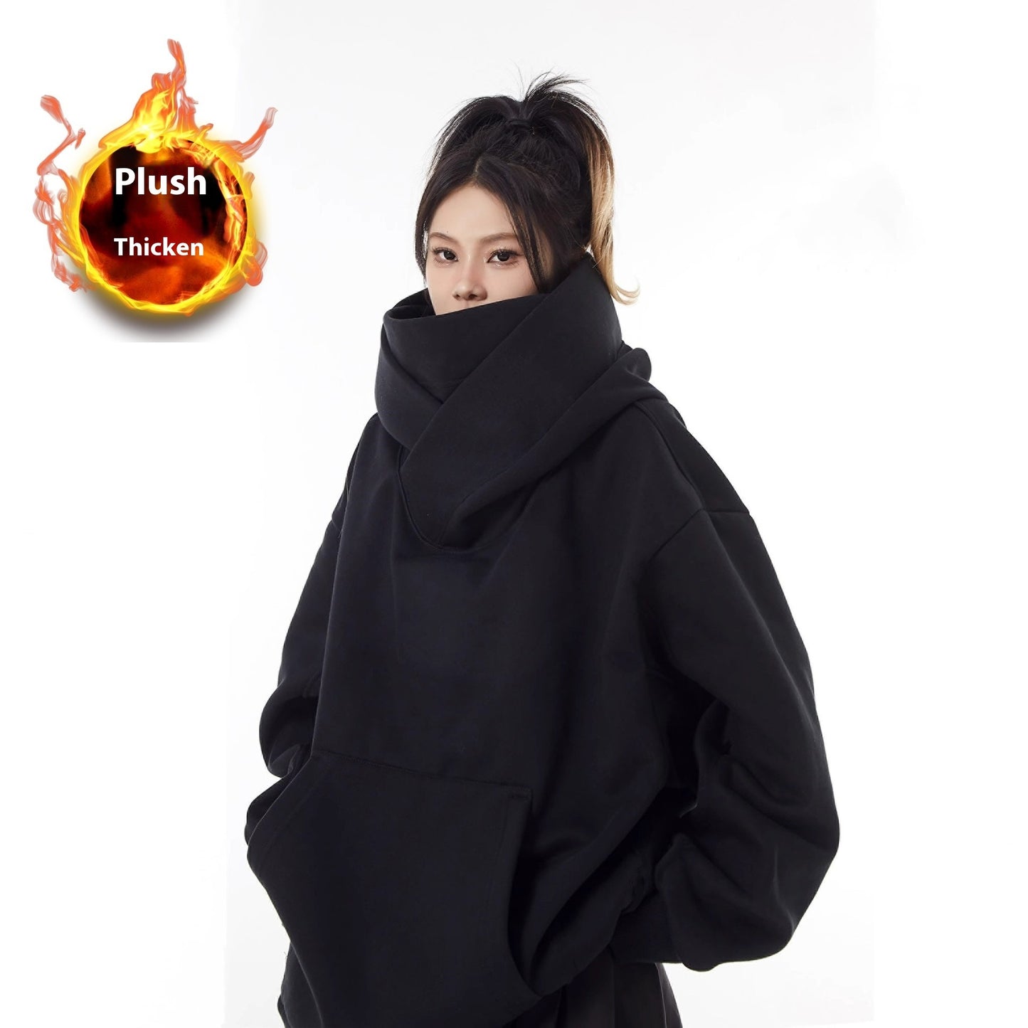 Loose High Collar Fleece-Lined Hoodie – Cozy Winter Sweatshirt