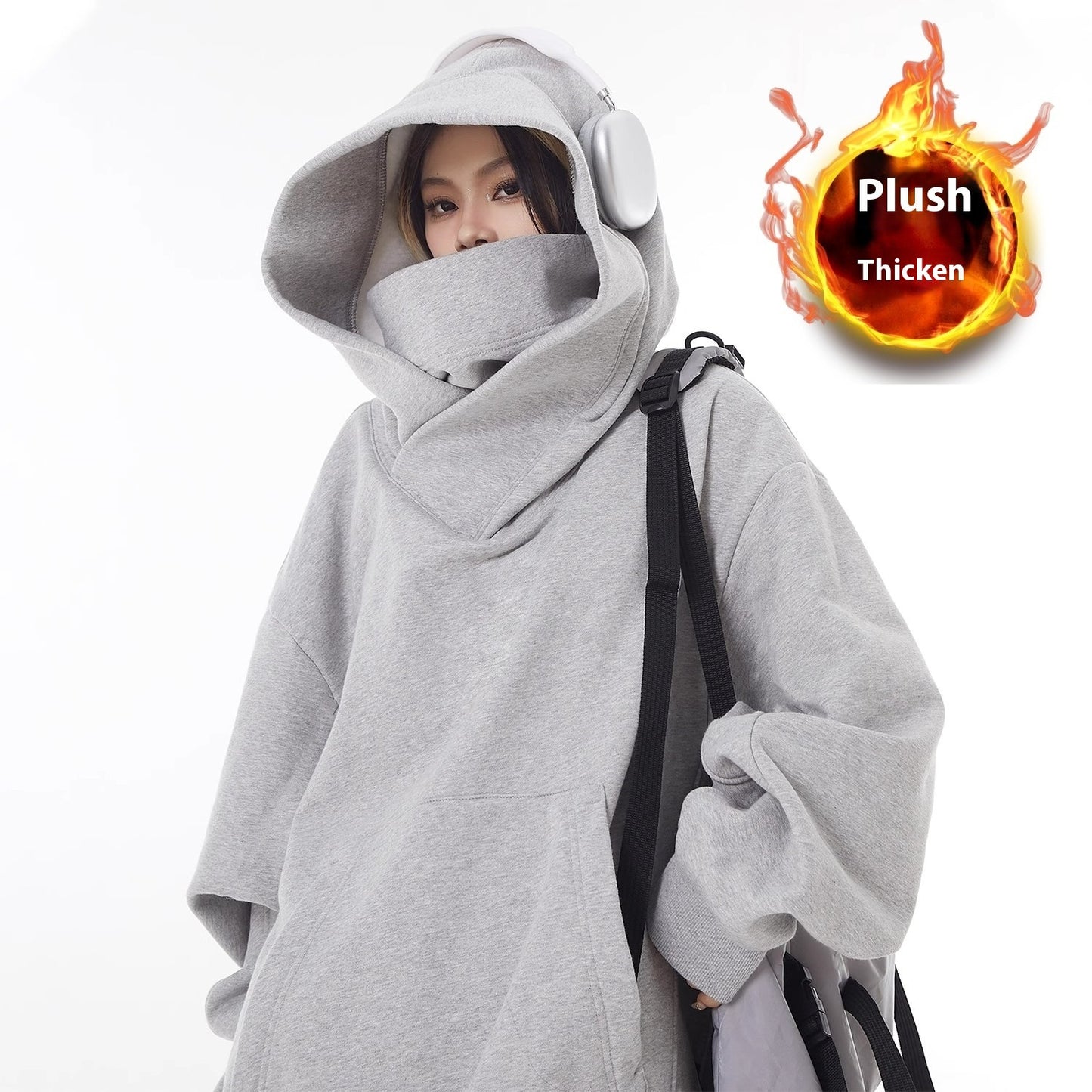 Loose High Collar Fleece-Lined Hoodie – Cozy Winter Sweatshirt